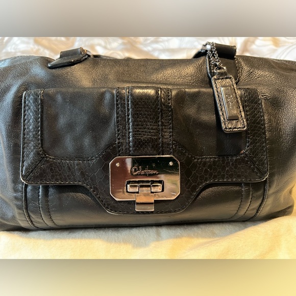 Cole Haan Black Leather Duffle Purse with Croc Embossed Details - Picture 3 of 15